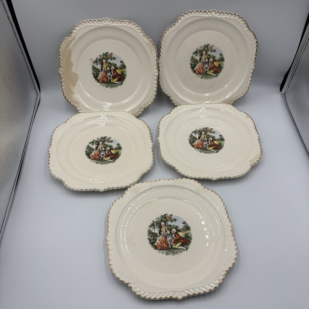 Vintage Harker Pottery Courting Couple Plates Set of 5 22KT Gold USA Scalloped